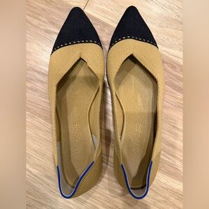 Rothy's Mustard Knit Pointed-Toe Flats with Black Cap and Blue Heel Trim